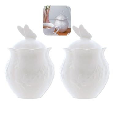 Imagem de Kit 2 Açucareiro New Bone Butterfly para Açúcar Porcelana com Tampa Borboletas e Flores Branco Lyor