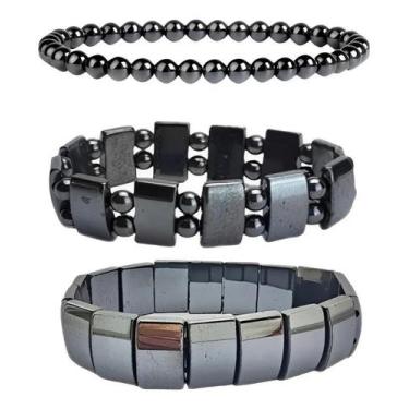Imagem de Kit 3 Pulseiras Hematita Emagrecimento Geométricas Pedra Natural Moda 