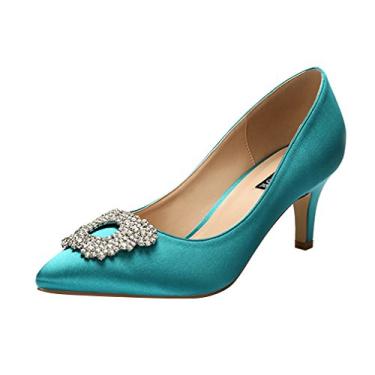 Imagem de ERIJUNOR Sapato feminino de cetim com salto baixo e strass, Teal, 9.5