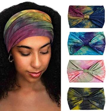 Imagem de Aceorna Bandanas largas para turbante elástico com nó, elástico para ioga, treino, corrida, esporte, cabeça, lenço grande para cabeça africana para mulheres, 4 peças (conjunto A)