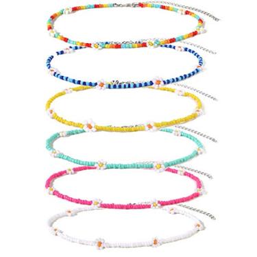 Imagem de GYSONG Colar gargantilha com contas para mulheres Vsco Boho feito à mão colar de flores cereja bonito colar para meninas adolescentes conjunto de colar de praia 6 peças, Metal, artificial