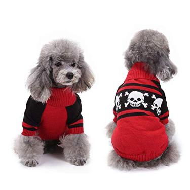 Imagem de Yu-Xiang Suéter de tricô para cachorro com capuz e cabeça de caveira esqueleto vermelho quente para cães grandes e pequenosYu-Xiang S