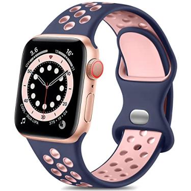 Imagem de Pulseira de silicone de substituição Lerobo compatível com Apple Watch 9, 8, 7, 6, 5, 4, 3, 2, 1, SE e Ultra 2, de 41 mm, 40 mm e 38 mm, macia, unissex, edição esportiva, azul/rosa, P/M