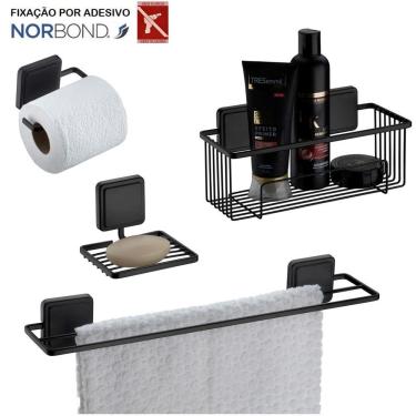 Imagem de Kit Toalheiro Suporte Shampoo Saboneteira Porta Papel Higiênico Banheiro Adesivo Dupla Face Preto Fosco - Future