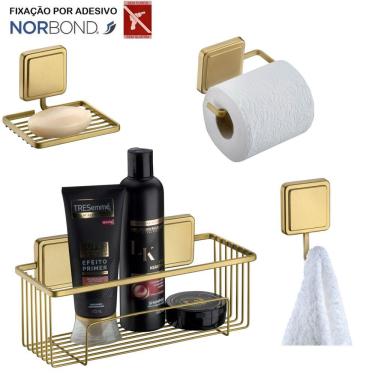 Imagem de Kit Porta Shampoo Saboneteira Suporte Papel Higiênico Gancho Banheiro Adesivo Dupla Face Dourado - Future