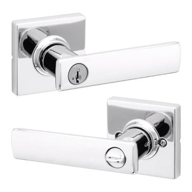 Imagem de Kwikset Maçaneta de porta de entrada Breton com fechadura e chave, exterior de alavanca reversível com chave segura, fechadura, para entrada frontal e quartos, cromado polido, segurança Smartkey Rekey
