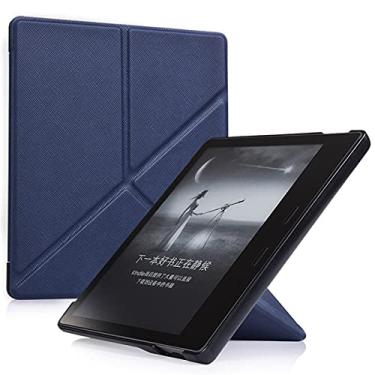 Imagem de ALMIGHTY Capa de origami para Kindle Oasis (10ª Geração, Versão 2019 e 9ª Geração, Versão 2017) – Capa fina com suporte dobrável com listras cruzadas e despertar/hibernar automático, azul escuro