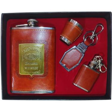 Imagem de Kit Cantil de Bolso Inox Porta Bebida Whisky Vodca 9Oz 266ml Com Copo Chaveiro e Mini Cantil