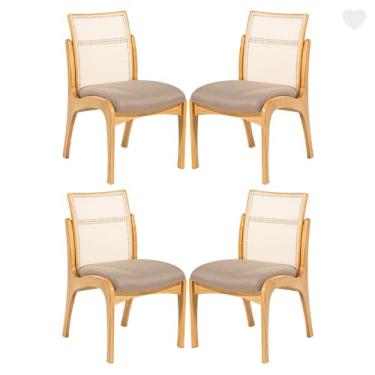 Imagem de Rio Madeira, Kit 4 Cadeiras para Mesa de Jantar Lisboa com Encosto Rattan Madeira Maciça Linho Marrom L87 RMI