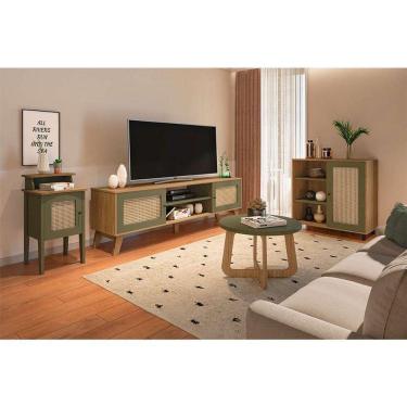 Imagem de conjunto para sala de estar charlotte com rack para tv até 75 polegadas, buffet 1 pt, mesa lateral 1 pt e mesa de centro verde menta e carvalho