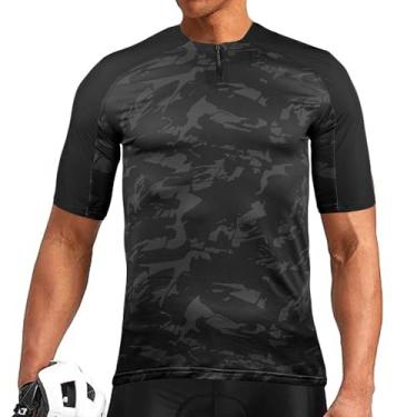 Imagem de Wulibike Camisetas masculinas de ciclismo de manga curta com meio zíper MTB Bike Shirts for Men Summer Gravel Zipper Pocket, Preto, GG