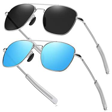 Imagem de RCXKOOM Óculos de sol masculino aviador militar piloto militar americano polarizado, hastes baioneta, Armação prateada, lente preta + armação prateada espelhada azul, 55mm