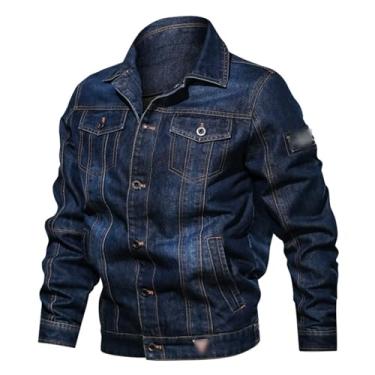 Imagem de Jaqueta jeans masculina com vários bolsos, cor sólida, respirável, durável, casual, Azul-escuro, 3G