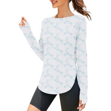 Imagem de ZHENWEI Camiseta feminina de manga comprida com proteção UV para treino, leve, FPS 50+, golfe, academia, caminhadas, roupas ao ar livre, Estampa floral azul, P