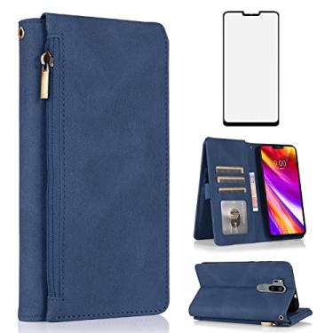 Imagem de Compatível com LG G7 ThinQ Capa carteira de vidro temperado e capa flip de couro com zíper para cartão para LGG7 One G 7 Plus LG7 Fit LG7ThinQ 7G Thin Q G7+ G7thinq LGG7thinq Mulheres Homens Azul