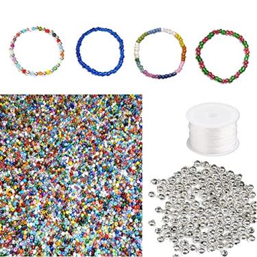 Imagem de Miçangas soltas sortidas, artesanato, pulseira "faça você mesmo", kit de miçangas, lote multicolorido, lote de 4 mm 6/0 contas de sementes, kit de fabricação de joias (kit de miçangas com cordão elástico)
