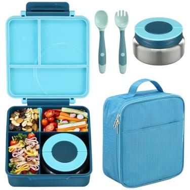 Imagem de Conjunto infantil de lancheira bentô box e pote térmico de sopa com 236 ml, recipiente à prova de vazamento, com 4 compartimentos, pote térmico para comida quente, para escola – azul