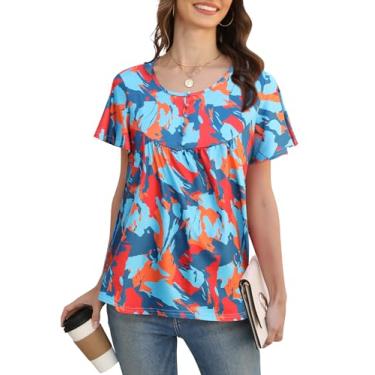 Imagem de Túnica feminina de verão com ilhós: camisas de manga curta com babados - blusa vazada com gola redonda - blusa rodada plissada floral, Azul, M