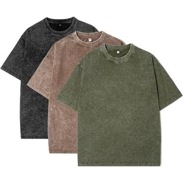 Imagem de Camisetas masculinas de algodão grandes unissex manga curta casual solta lavagem sólida básica, Preto/marrom/verde, XXG