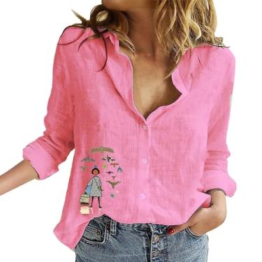 Imagem de Camiseta feminina de algodão e linho, abotoada, 2024, verão, casual, manga comprida, estampada, solta, para trabalho, rosa, G