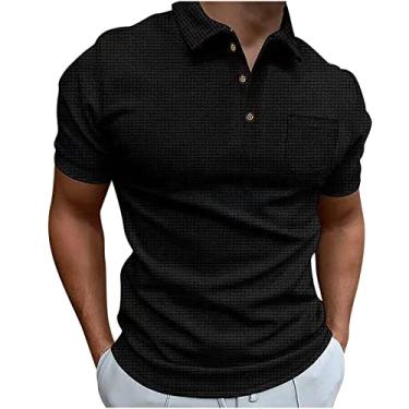 Imagem de Camisetas masculinas verão outono manga curta gola tartaruga crochê camisetas básicas homem 2024, P-677 Preto, P