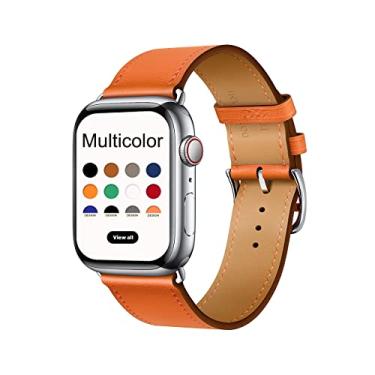 Imagem de DONEGANI Pulseira de couro LB1 para Apple Watch série Ultra 2 de 49 mm, série 10 de 46 mm, 9 8 7 45 mm, SE 6, 5, 4 de 44 mm, 3 2 1 de 42 mm, pulseira masculina e feminina de 42 mm, laranja