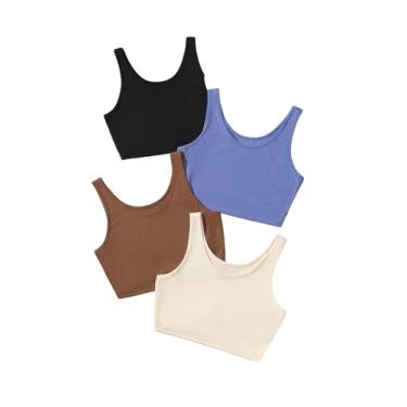 Imagem de GORGLITTER Camiseta regata feminina de 4 peças de malha canelada sem mangas gola redonda cropped, Bege, marrom, azul, preto, P