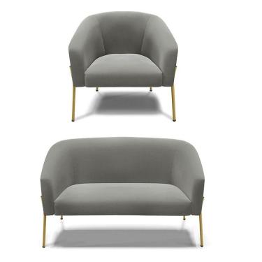 Imagem de Sofá Namoradeira E Poltrona Pé De Ferro Dourado Stella Suede D03 - D`rossi Cor Grafite