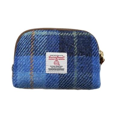 Imagem de TAILORMAP Harris Tweed Mini estojo de transporte de maquiagem para viagem bolsa de cosméticos acessórios eletrônicos portáteis organizador de moedas, Xadrez azul, Xadrez escocês