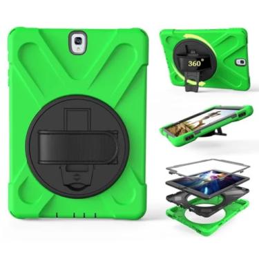 Imagem de Capa de silicone com suporte e alça de pulso giratória, segura para crianças, à prova de choque, para Samsung Galaxy Tab S3 SM-T820 T825 9,7 polegadas + caneta (verde)
