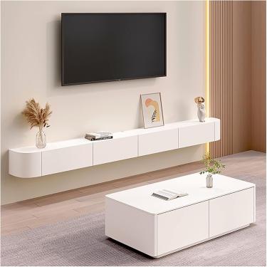 Imagem de Suporte de TV flutuante, gabinete de TV montado na parede, console de mídia, com furos para cabos, prateleiras de componentes de armazenamento, para sala de estar, quarto, branco-a, 160 cm