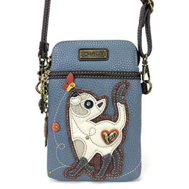 Imagem de CHALA Bolsa tiracolo para celular - bolsa feminina de couro poliuretano/lona multicolorida com alça ajustável, Gato fino - azul, _