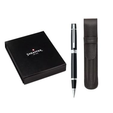 Imagem de Sheaffer Caneta preta brilhante 300 com acabamento cromado e conjunto de bolsa combinando para presente (rollerball)