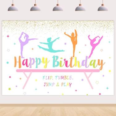 Imagem de Wonmelody Gymnastics Birthday Party Decorations 5*3ft Gymnastics Happy Birthday Backdrop for Girl Flip Tumble Jump and Play Backdrop Decorations for Rainbow Gym Theme 1st 2nd 8th Birthday Party