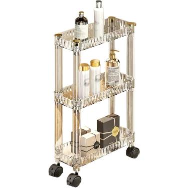 Imagem de Armário estreito em pé no banheiro para armazenamento de maquiagem com rodas, carrinho de armazenamento fino, unidade de estante móvel de 3 camadas, organizador de banheiro, transparente, tr