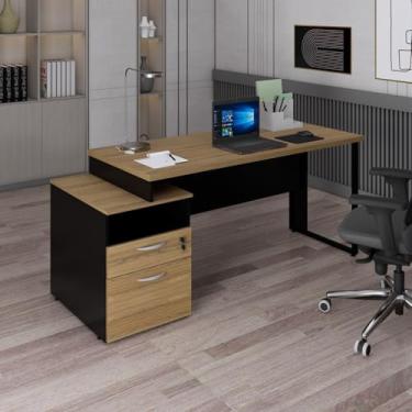 Imagem de Mesa Diretor com Gaveteiro Pé Metálico Amadeirado/Preto