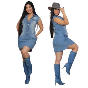 Imagem de Vestido Feminino Jeans Chemise regata soltinho com botões e bolso moda