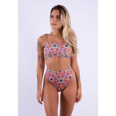 Imagem de Biquíni Diluxo Top Faixa Calcinha Hot Pant Estampado, Rosa, GG