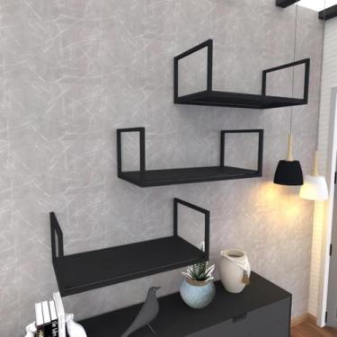 Imagem de Prateleira industrial suspensa estante parede nicho preto ferro e made