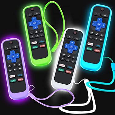 Imagem de Pacote com 4 capas para controle remoto Roku, capa para TCL Roku TV Steaming Stick/Hisense/Express controle de substituição universal capa de silicone pele brilha no escuro verde roxo azul branco