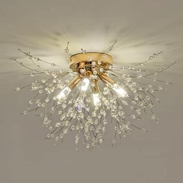 Imagem de Luminária de teto pequena moderna de cristal, lustre de fogos de artifício Sputnik de cristal dourado de 4 luzes, montagem semi alinhada para quarto, cozinha, corredor, banheiro (24 cm x 44 cm)
