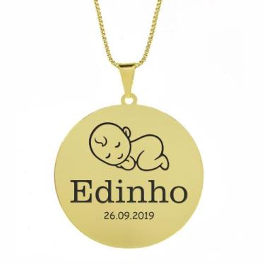 Imagem de Gargantilha Pingente Redondo Personalizado Nome Edinho Banhado Ouro 18