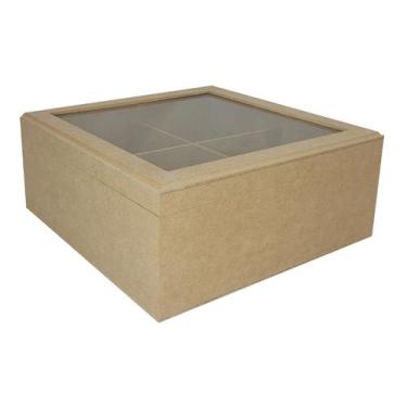 Imagem de Caixa Tampa Dobradiça com Vidro e 4 Divisorias 25x25x10 Mdf Madeira - 