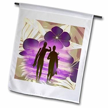Imagem de 3dRose Estampa havaiana de surfe e surfistas em silhueta caminhando para o surfe - bandeira de jardim, 30,48 x 45,72 cm