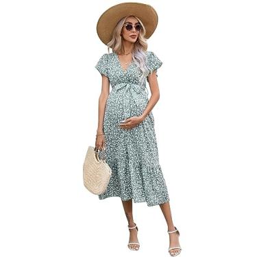 Imagem de FUNJULY Vestido de maternidade feminino decote em V manga bufante plissado para maternidade vestido maxi para chá de bebê ou uso casual, Greenfly, M