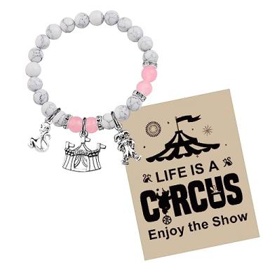 Imagem de TGBJE Presente temático de circo para amantes de circo Life Is A Circus Enjoy The Show Circus Charm Bracelet Circus Showman Presente inspirado no circo Joias para barraca, 8mm, Pedra preciosa, Sem
