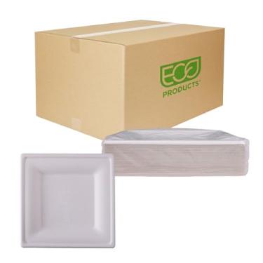 Imagem de ECO PRODUCTS Pratos de papel quadrados compostáveis Vanguard 25,4 cm, caixa com 250, fibra moldada branca descartável, sem árvores, mais forte que papel e isopor, sem adição de PFAS, compatível com