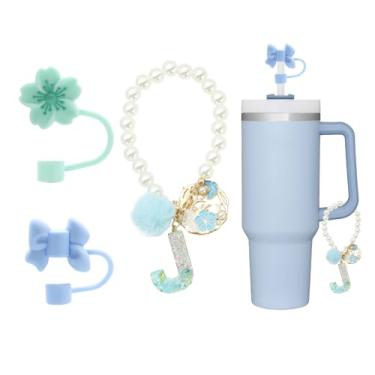 Imagem de RENUIS 4 peças de topo de palha azul fofo para copos Stanley, acessórios de pingente de letra para Stanley Cup, nome ID letra inicial para Stanley 30 & 1,134 g copo com alça, acessórios personalizados