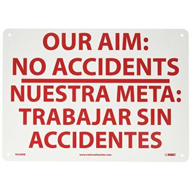 Imagem de NMC Placa bilíngue de área restrita M438RB, legenda "OUR AIM: NO ACCIDENTS", 35,56 cm de comprimento x 25,4 cm de altura, plástico de poliestireno rígido, vermelho sobre branco