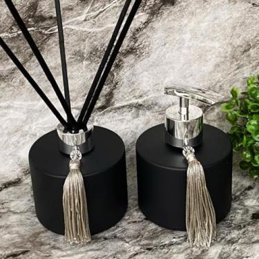 Imagem de Kit Lavabo Aromatizador E Porta Sabonete Líquido - Dispenser Organizador Banheiro - Jogo Para Banheiro - Preto (Prata)